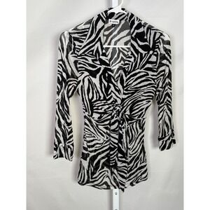 Y2K Paris Paris Zebra Print Mesh Tie Front Top Black White‎ V-Neck Blouse Small
